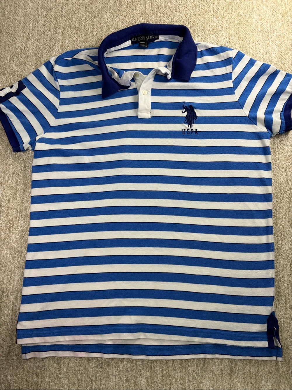 U.S. Polo Assn. Blue and White Striped Short-Sleeve Polo Y2K big pony